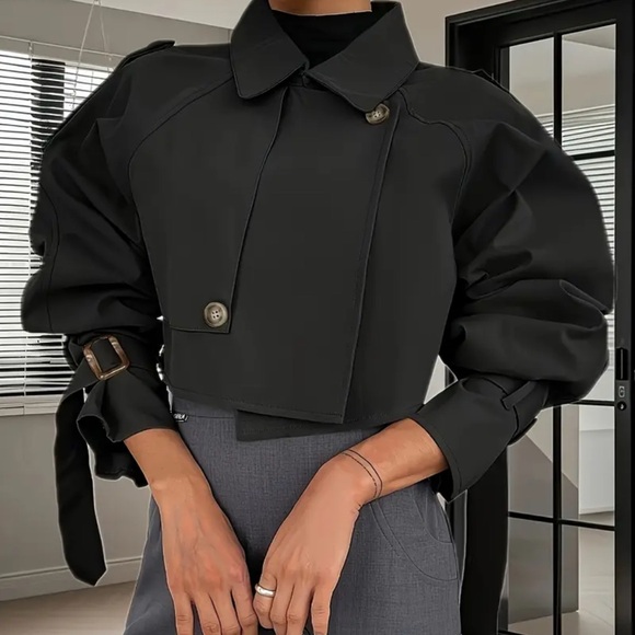 Jackets & Blazers - Black Cropped Trench Jacket with Belted Statement Sleeves